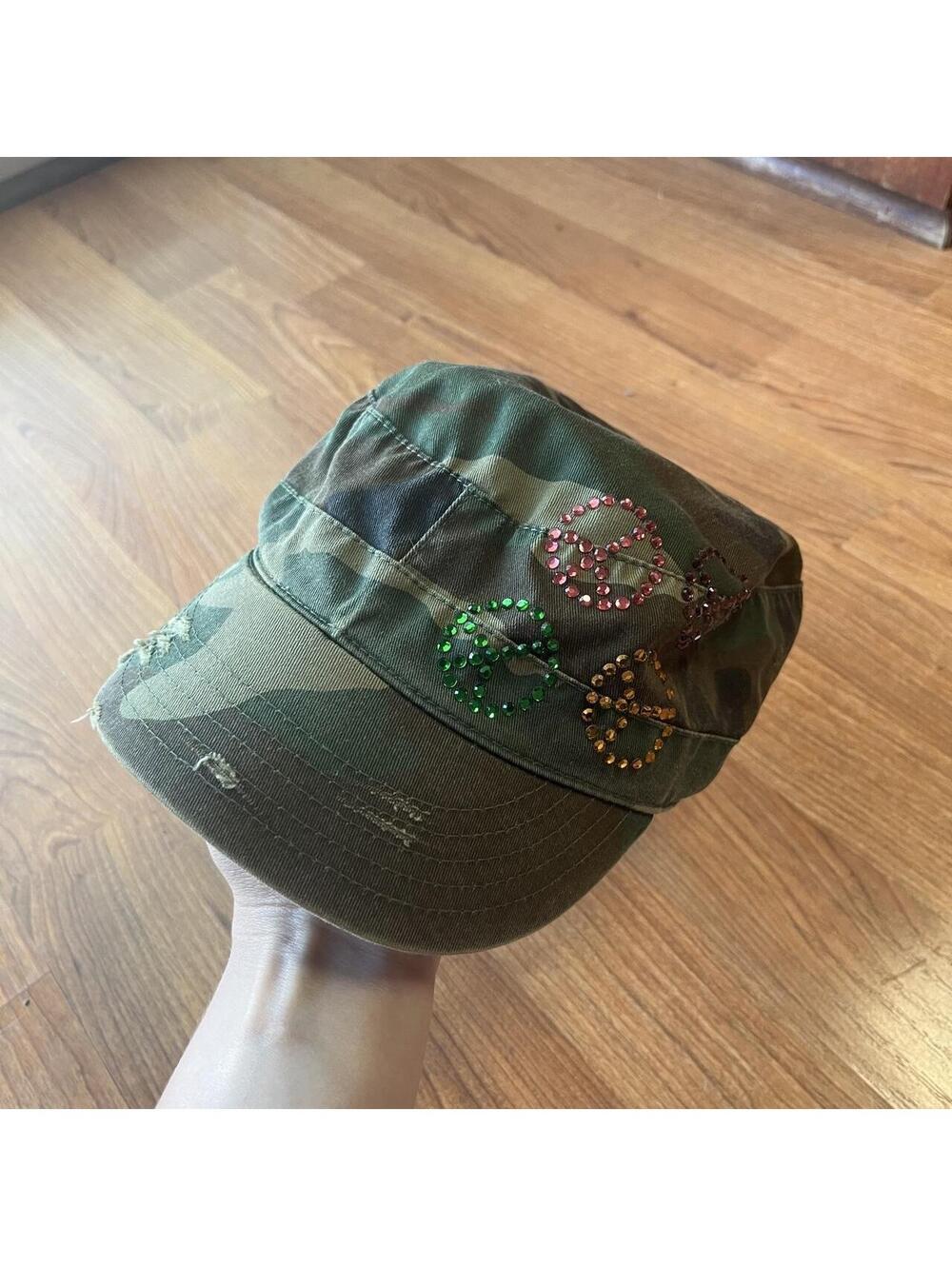 Vintage 90s y2k grunge army cap with studded gem peace signs